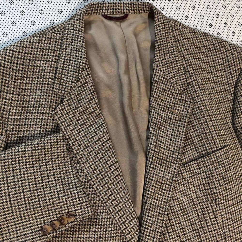 Hart Schaffner Marx Houndstooth Wool Blazer 48R USA Made Tan Brown Jacket